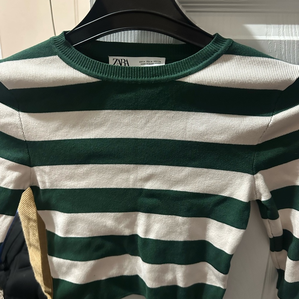 Zara Green and White Striped Sweater